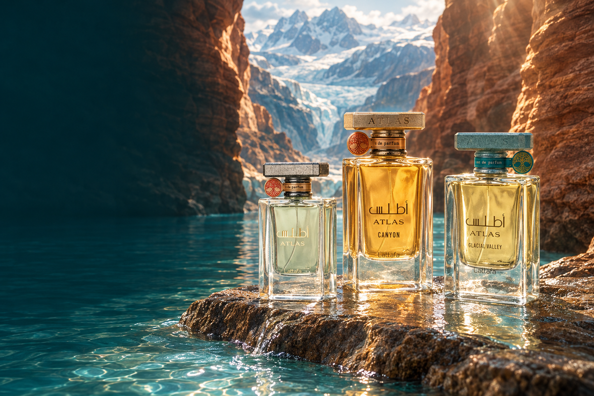 Propuesta de banner con los tres perfumes Atlas de Lattafa